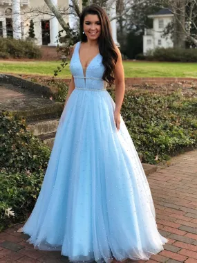 A Line V Neck Beading Long Prom Dresses with Beaded Belt Sky Blue Blue Formal Evening Gowns