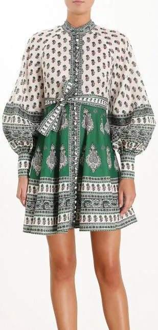 'Amari' Emerald Buttoned Dress in Green Paisley