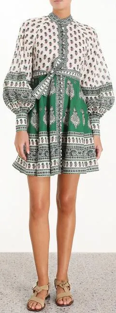 'Amari' Emerald Buttoned Dress in Green Paisley