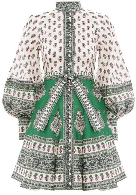 'Amari' Emerald Buttoned Dress in Green Paisley