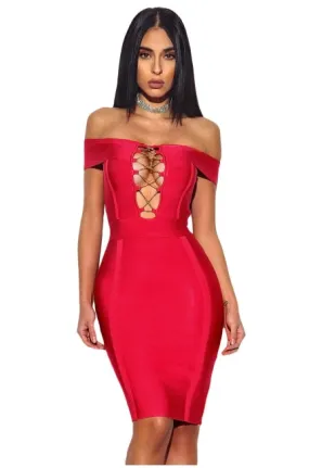 Daring Red Criss Cross Strapless Bandage Dress