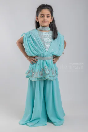 Elegant Turquoise Floral Designer Embroidery Tunic Tops And Palazzo Suit Set For Girls