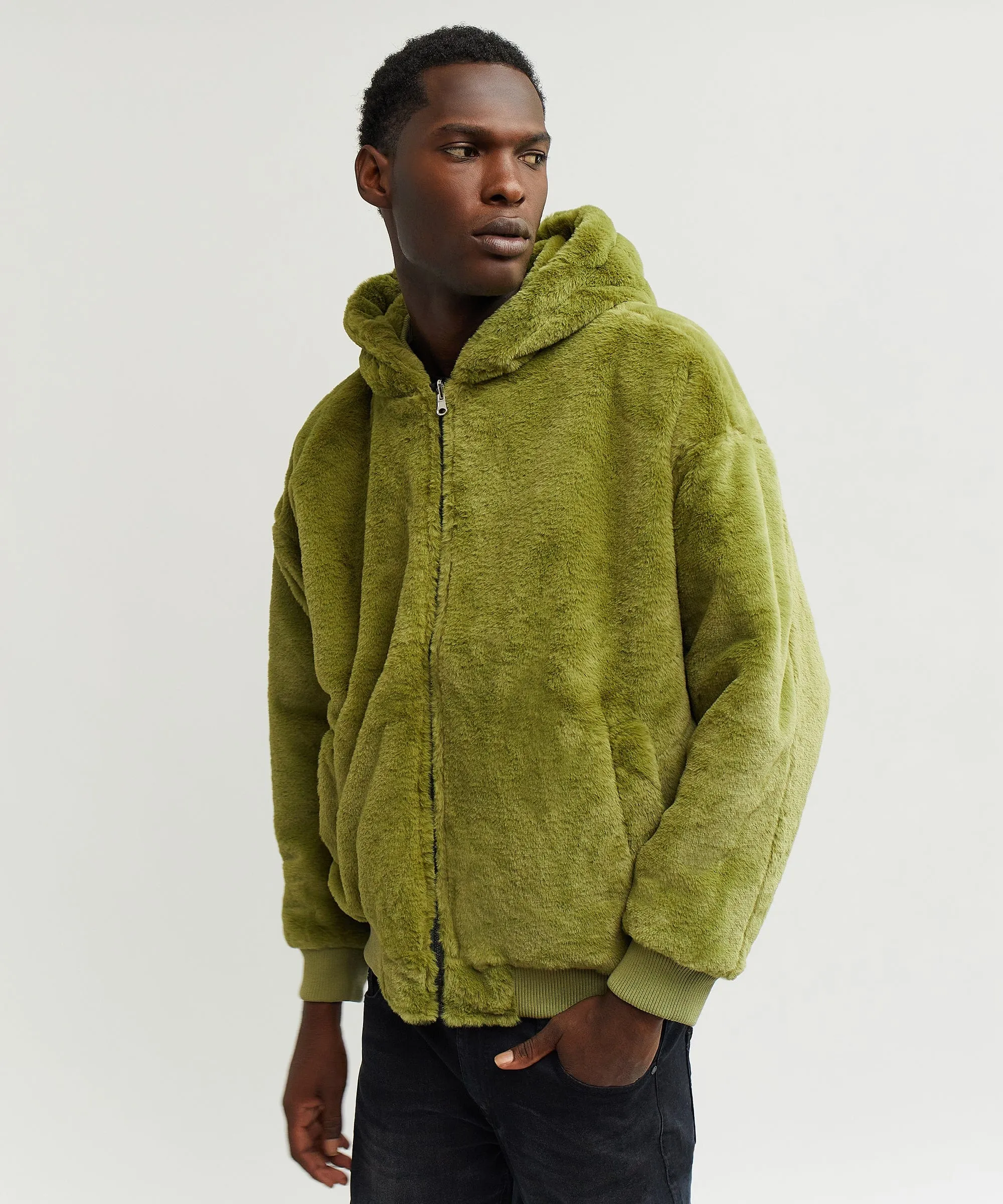 Reversible Oversized Crop Hooded Bomber Jacket With Sherpa Lining - Olive Green