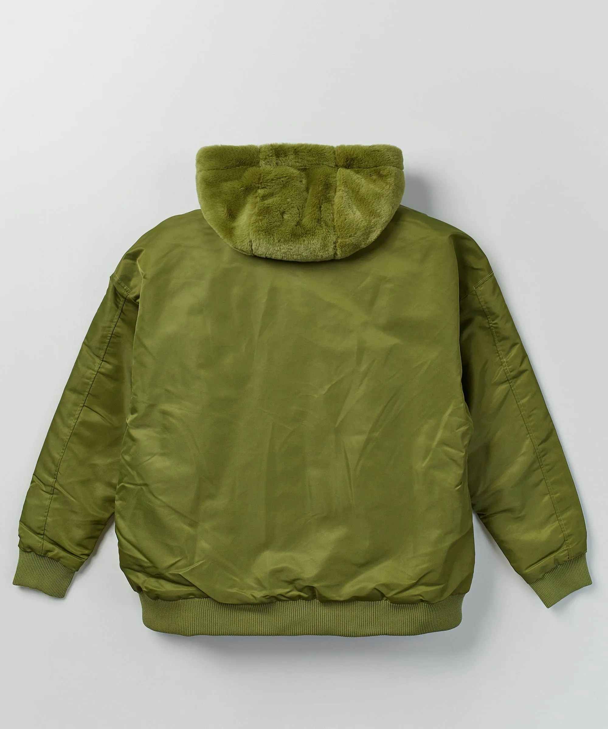 Reversible Oversized Crop Hooded Bomber Jacket With Sherpa Lining - Olive Green